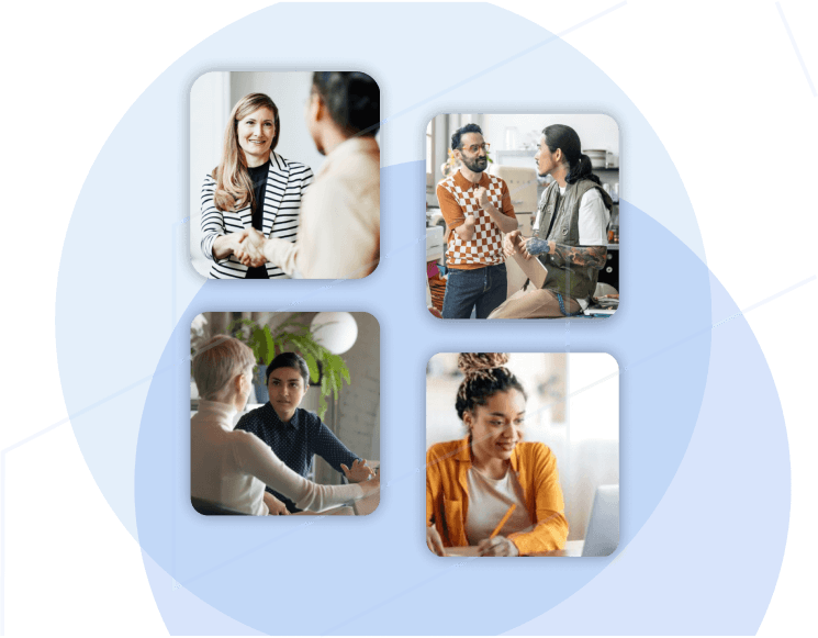 Collage of professionals interacting in meetings, including handshakes, discussions, and working on a laptop.