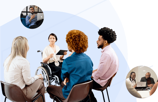 Diverse group discussion with a woman using a wheelchair leading the conversation, with remote participants shown.